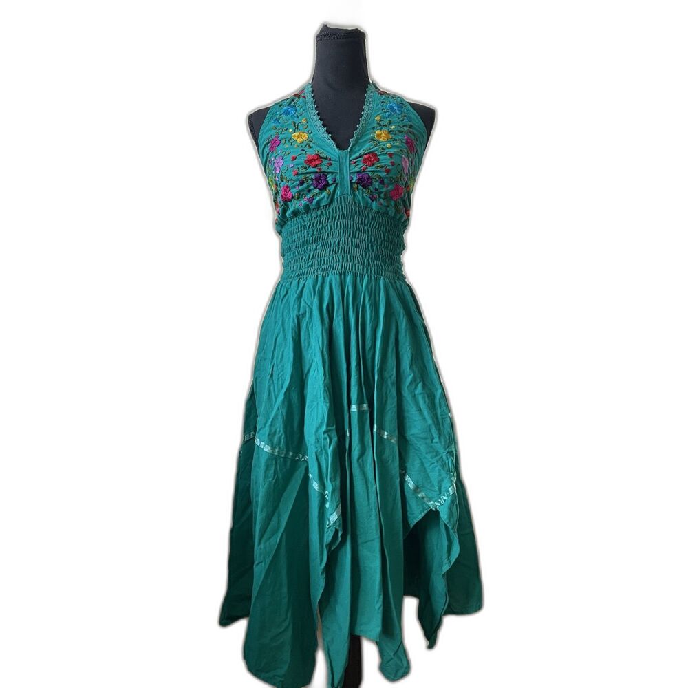 Authentic Mexican Embroidered Halter Dress Teal Fiesta Asymmetrical Midi S/M